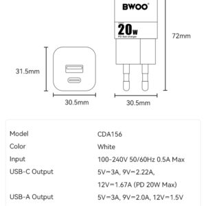 BWOO PD 20W / QC3.0 MINI CHARGER (CDA156)